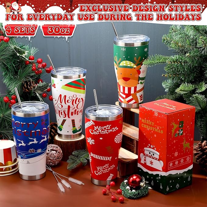 Mifoci 4 Pcs 30 oz Christmas Tumbler with Lid and Straw Stainless Steel Christmas Mug Double Insulated Cup Insulated Coffee Tumbler with Straw Brush for Holiday Coworkers Women Gifts (Style 4)