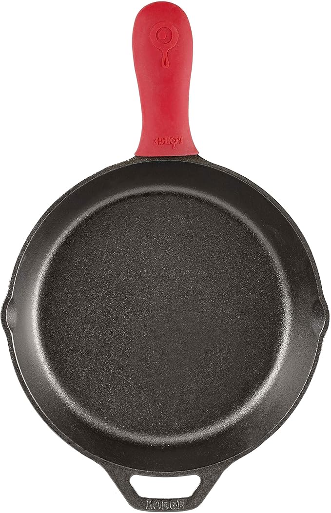 Lodge 13-1/4-Inch Pre-Seasoned Cast Iron Skillet & Silicone Hot Handle Holder - Red Heat-Protecting Silicone Handle