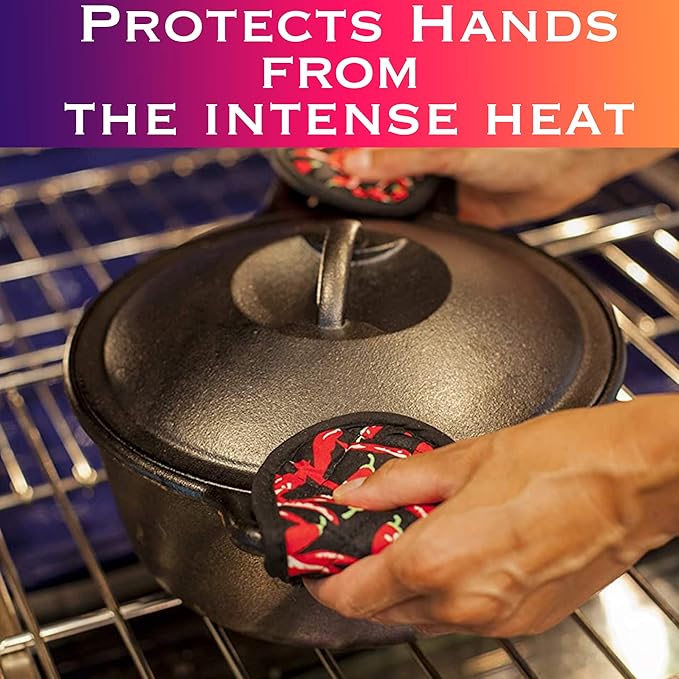 EHOMEA2Z Cast Iron Skillet Pan Pot Holder Covers Mitts Black Non-Slip Washable Sleeves for BBQ Baking Kitchen Cotton Commercial Grade (Chili, 10)