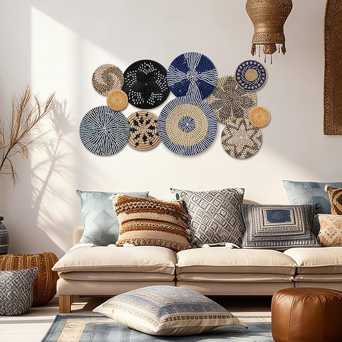 Tatuo 11 Pcs Boho Wall Basket Decor Bulrush Woven Wall Hanging Art Round Farmhouse Rustic Handmade Wicker for Summer Home, Bedroom, Living Room, Kitchen Decorations, Multi Sizes(Blue)