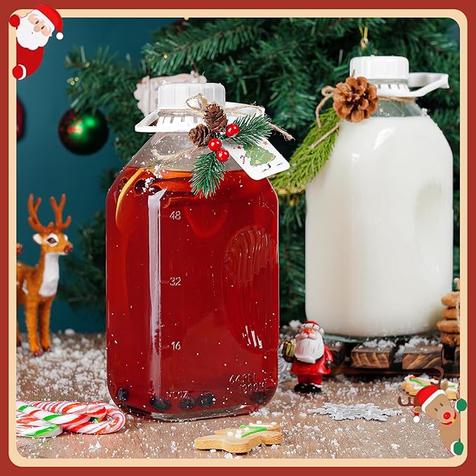 2 Pack 64 Oz Heavy Duty Glass Milk Bottle with 1 Silicone Spout and 3 Reusable Airtight SCREW LID, 2 Qt Glass Water Bottle with 2 Exact Scale Lines - Milk Jug Pitcher - 1/2 Gal Juice Bottles