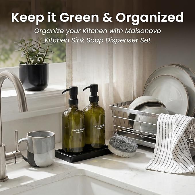 Maisonovo Kitchen Soap Dispenser Set - Hand and Dish Soap Dispenser Set with Green Glass Soap Dispenser, Black Pumps & Ceramic Tray