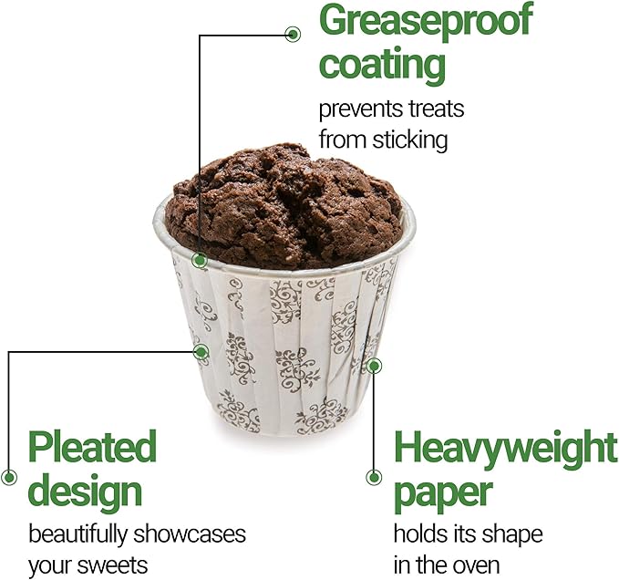 Restaurantware Panificio 3.5 Ounce Baking Cups 200 Pleated Cupcake Liners - Oven-Ready Freezable Black And White Paper Muffin Cases Disposable Vintage Floral For Wedding Parties Baby Showers