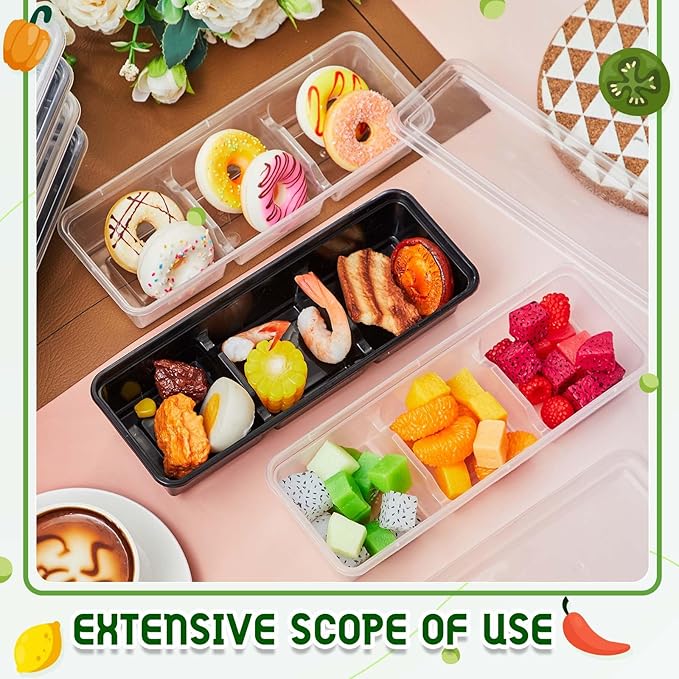 Hushee 25 Pack 17 oz Small Meal Prep Containers with 3 Compartments Snack Containers with Lid Disposable Plastic Bento Box Travel Lunch Food Boxes Stackable for Office Picnic (Black,Clear)