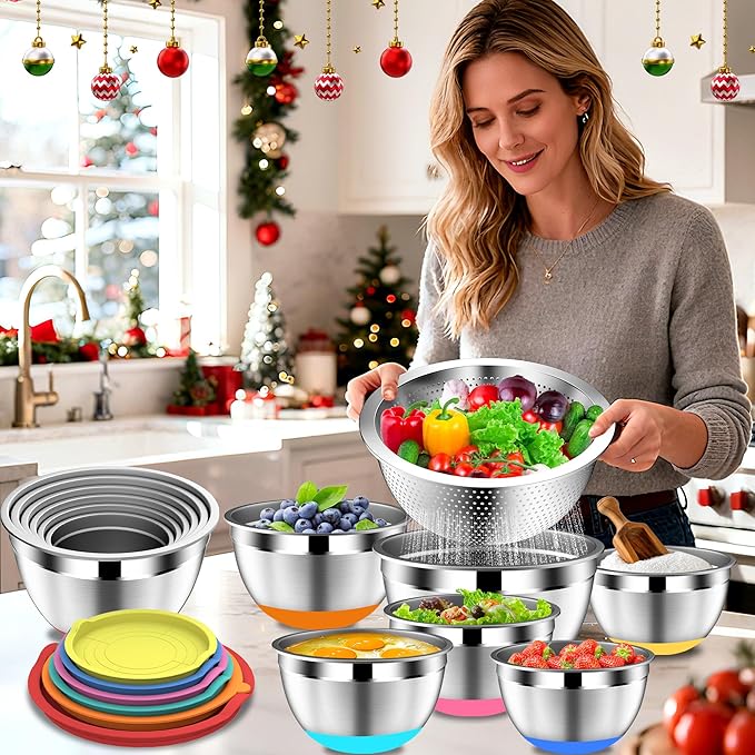 DUTZUN Mixing Bowls with Lids Set - 16pcs Stainless Steel Mixing Bowl Set with Colander, 3 Grater Attachments, Non-Slip Bottom, Metal Nesting Bowls with Strainer for Mixing & Serving - Multicolor