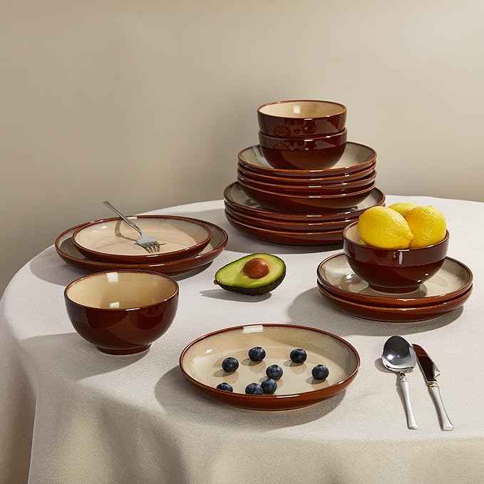 32 Piece Double Bowl Dinnerware Sets with Pasta Bowls, Highly Chip and Crack Resistant Plates and Bowls Sets, Natural Earthyware Ceramic Dishware Sets, Service for 8 Brown Yellow