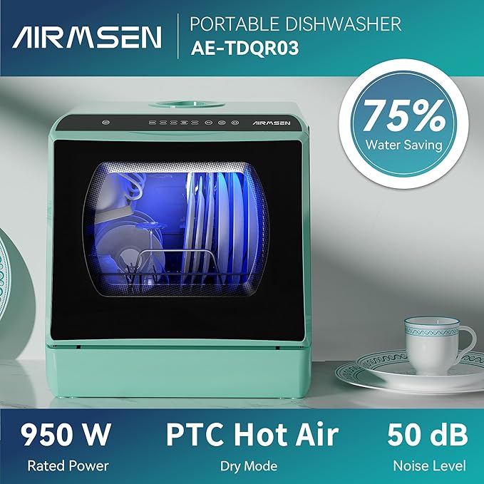 AIRMSEN Portable Countertop Dishwashers, 5 Washing Programs Mini Dishwashers with 5 L Built-in Water Tank and Double-layered Glass Door, No Hookup Needed for Home, Apartments & RVs
