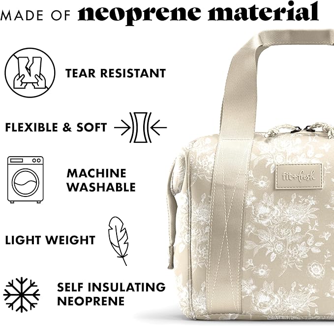 Fit & Fresh Remi Neoprene Lunch Bag For Women - Meal Prep Kit with Containers & XL Ice Pack, Self Insulating Neoprene-like Material, Machine Washable Lunch Bag, Tear & Stain-Resistant, Tan Toile