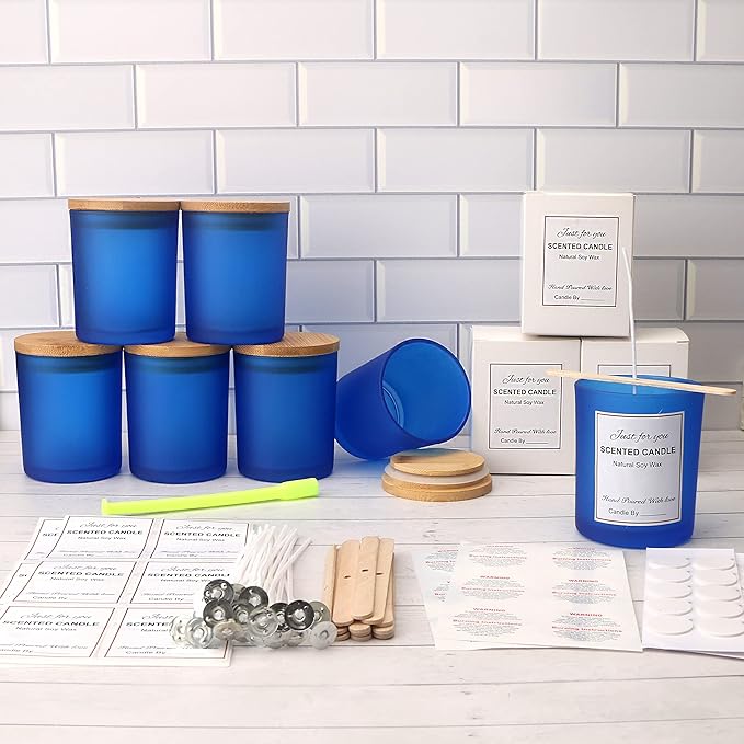 MILIVIXAY 12 Pack 7 OZ Frosted Blue Glass Candle Jars with Lids and Candle Making Kits - Bulk Empty Candle Jars for Making Candles - Spice, Powder Containers.