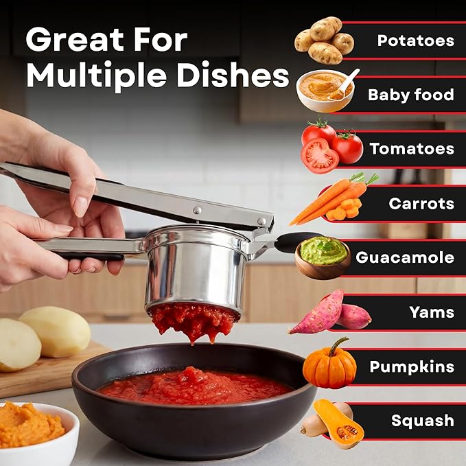 Large 15oz Potato Ricer - Professional 430 Stainless Steel Masher for Fluffy Mashed Potatoes, Gnocchi, Guacamole & Baby Food - Ergonomic Non-Slip Handles, Heavy Duty & Dishwasher Safe Kitchen Press