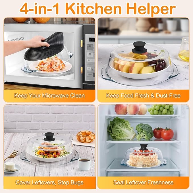 Glass Microwave Splatter Cover for Food with Microwave Place Mat - Sturdy Plate Guard Lid with Vent Holes and Easy-Grip Silicone Handle - BPA Free, Dishwasher Safe (Black)