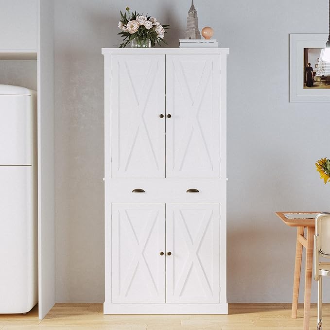 IRONCK Kitchen Pantry Storage Cabinet 72.6" H, with Barn Doors, Drawer, 4 Adjustable Shelves, Freestanding Cupboard, Laundry, White
