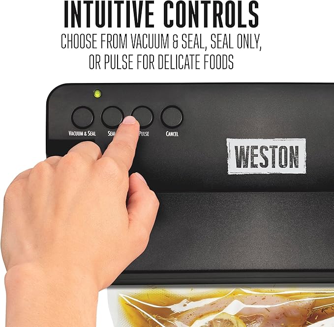 Weston Compact Food Vacuum Sealer Machine, Powerful 23” Hg Pump, For bags Up To 11” Wide, 100 Watts, Corner Guides for Easy Align, Intuitive Controls + Pulse Function, Black (65-2061-W)