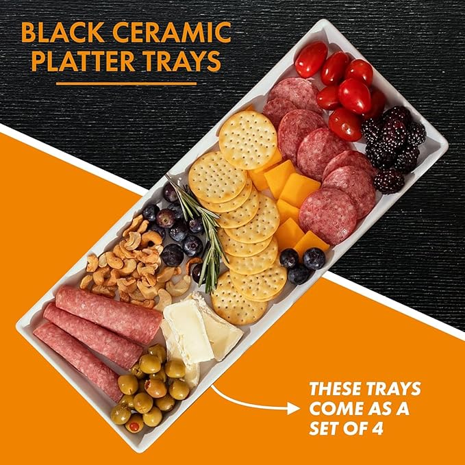 Set of 4 Rectangular Serving Plastic Platters 14 x 6 Inches Versatile Dishes for Entertaining, Perfect for Appetizers, Desserts, Cheese Boards, Charcuterie, and Sushi (White)