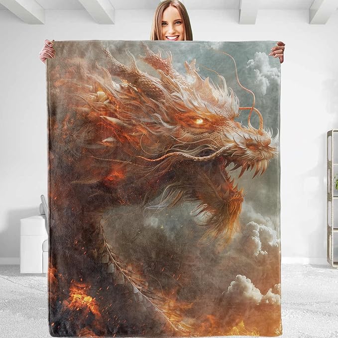 Fiery Dragon Design Plush Throw Blanket - Soft, Comfy, Lightweight, Warm, and Fuzzy - Ideal Gift for Men and Boys - Perfect for Couch, Bedroom, Travel, Bed - 80x60 inches