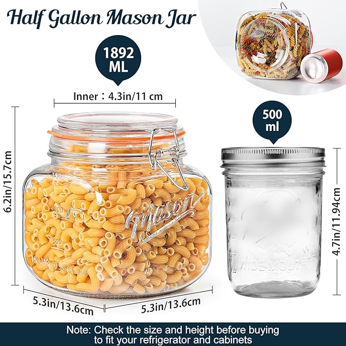 2 Pack Half Gallon Mason Jar with Hinged Lid, Wide Mouth Glass Canisters for Food Storage, Cookie, Flour, Candy, Coffee, Pickle - 64 Oz Glass Jar with Lid - 2 Scale Marks & Vintage Mason Jars