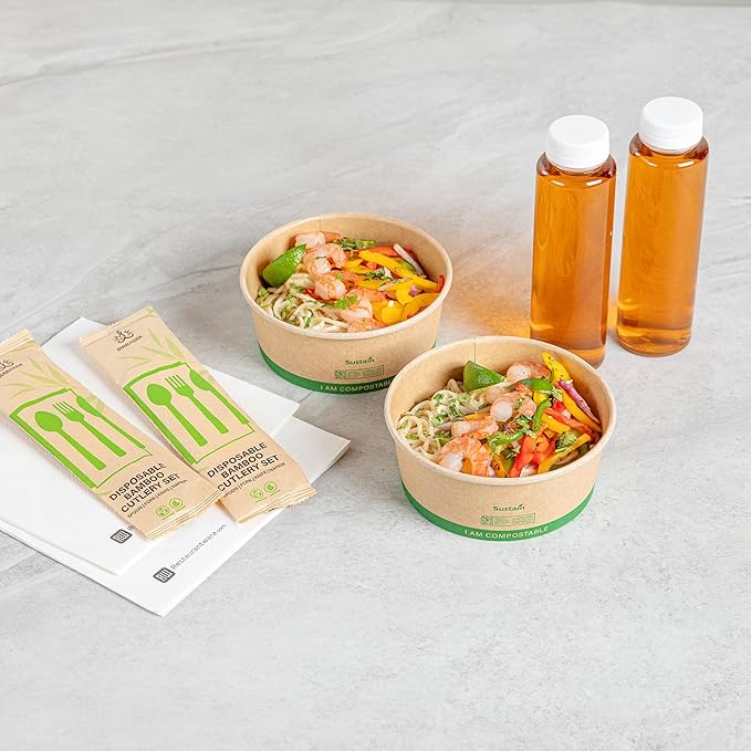 Restaurantware Paper Food Containers 200 Pack Of 25 oz Disposable Round Kraft Salad Bowls BPI-Certified Compostable Stackable Greaseproof Meal Prep Take Out Containers For Soups, Snacks And Desserts