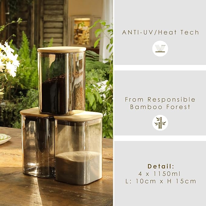 LIBWYS 4-Pack Anti-UV Square Glass Storage Jars with Bamboo Lids (1.22Qt) - Light Resistant Containers (LRC) for Pantry Organization, Coffee Beans, Loose Tea, Sugar, Pet Food | Kitchen Canisters Set
