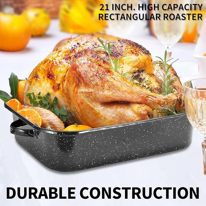QPMR Roasting Pan with Rack, 21” Rectangular Granite Roaster Pan, 25lb Capacity, Large Roaster Pot for Baking Turkey with Versatile Lid