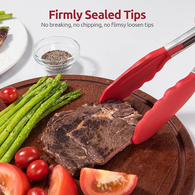 Heat Resistant Silicone Kitchen Tong: U-Taste 9 inch 480ºF Hot Proof Cooking Tong with Firm Sealed Non Stick Rubber Tips & Silicon Coated Steel Handle & Smooth Locking for Serving Grill Salad (Red)