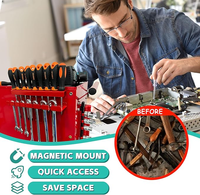 ULIBERMAGNET Magnetic Wrench Holder,Heavy Duty Red Magnetic Screwdriver Holder,Wrench Screwdriver Shear Organizer Rack Magnetic Mount Multiple Tools Rack for Garage,Tool Cart,Pegboards,Workbench