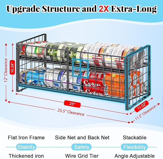 2-Tier Stackable Can Rack Organizer for Pantry Shelf, Long-Size Adjustable Can Holder for Kitchen Organization,Heavy Duty Can Dispenser for Canned Food Soup Goods up to 50 in Cabinet storage, Black