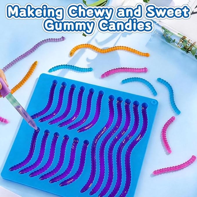 Sidosir 7Pcs Silicone Gummy Worm Chocolate Molds, Non-Stick Worm Chocolate Mold for Parties, Gummy for Home DIY, Silicone Mold for Make Gummies