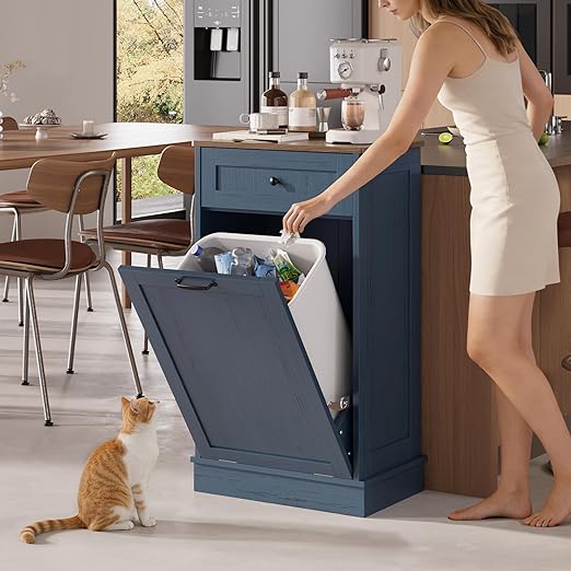 KIGOTY Tilt Out Trash Can Cabinet Trash Bin Cabinet with Hideaway Drawer Hidden Wooden Kitchen Garbage Can, Pet Proof Trash Can Holder for Kitchen (Blue-Brown)