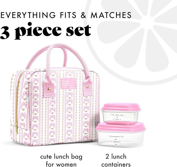 Fit & Fresh Bloomington Lunch Bag for Women - Insulated Large Lunch Box for Work with Containers, Leak-Resistant, Stain-Resistant, Zipper Closure, Pink Wallpaper Bows
