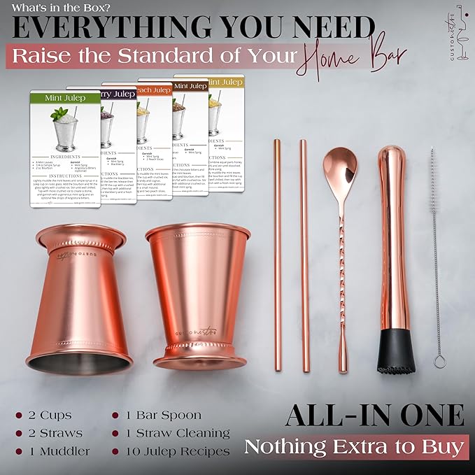 Gusto Nostro Mint Julep Cups Set of 2 - Stainless Steel Julep Cup Kit with Straws, Muddler, Spoon, Recipes, Vases - Southern-Style Cocktail Glasses for Home Bar - Stainless Steel Cocktail Cups (Rose)