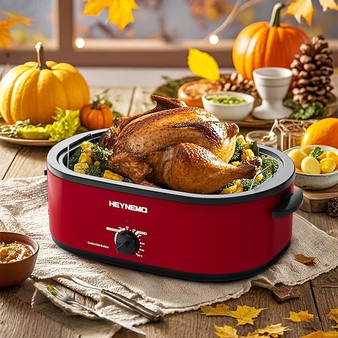 20Qt Roaster Oven Buffet with Self-Basting Lid, 1450W Stainless Steel Electric Turkey Roaster Oven with Cool-Touch Handles, Removable Pan and Rack, Red