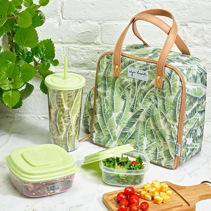 Fit & Fresh Lunch Bag For Women, Insulated Womens Lunch Bag For Work, Leakproof & Stain-Resistant Large Lunch Box For Women With Containers, Tumbler & Ice Pack, Zipper Closure Wichita Bag Palm Leaves
