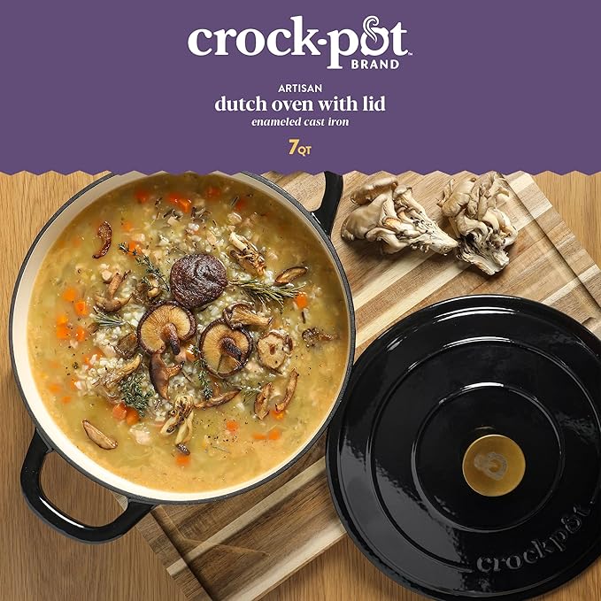 Crock Pot Artisan 7-Quart Round Cast Iron Dutch Oven with Lid – Black Enamel Finish, Gold Knob, Durable Heavy-Duty Cookware for Slow Cooking, Baking, and Roasting