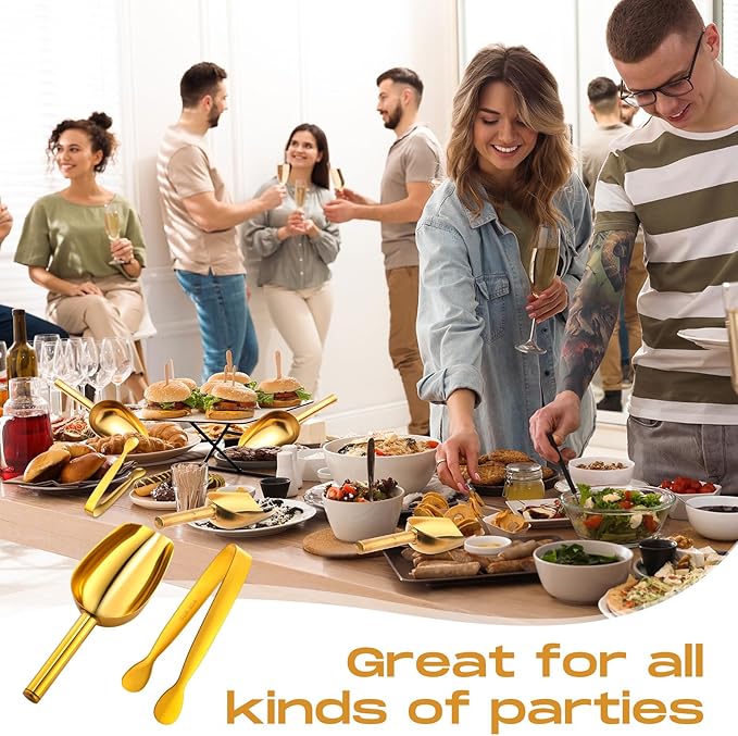 12 Pcs Gold Stainless Steel Ice Scoop and Mini Tongs Ice Shovel Scoop Kitchen Cube Buffet for Kitchen Dispenser Buffet Jars,Scooping Coffee Bean,Desserts Party