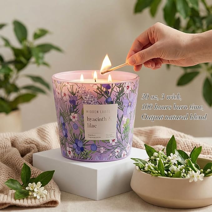 Hidden Label Large Soy Candle, Hyacinth Lilac Scented, 3 Wick 30oz, 100Hr Burn, Natural Non-Toxic Aromatherapy Stress Relief, Home Scent, Spa