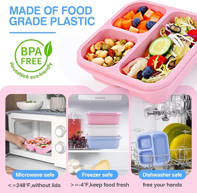 Rinwoc Bento Box [Portion Size], 3 Pack Snack Containers with 3 Compartments for Meal Prep & On-the-Go [School, Travel], Lunchable Container Reusable and BPA-Free