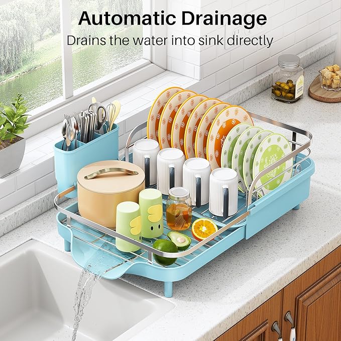 SAYZH Dish Drying Rack - Expandable Dish Rack for Kitchen Counter, Rust-Resistant Dish Drainer with Utensil Holder and Raised Guardrail, Kitchen Organizer for Cup and Bottle (Blue)