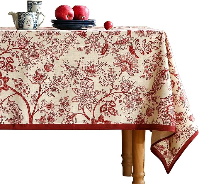 ISAENNE Designer French Linen Extra Long Rectangle Tablecloth,Red Floral Washable Indoor Table Cloth,Durable Home Decor Tablecloths for Dining Thanksgiving Kitchen Party,63"*110"-Ruyi A