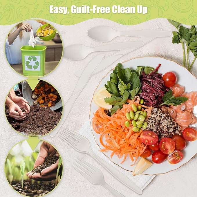 Fuyit 150 Count Compostable Cutlery Set, Disposable Biodegradable Utensils Eco-friendly Durable Cornstarch Flatware Includes 50 Forks, Knives & Spoons for Party, BBQ, Picnic & Potlucks (White)