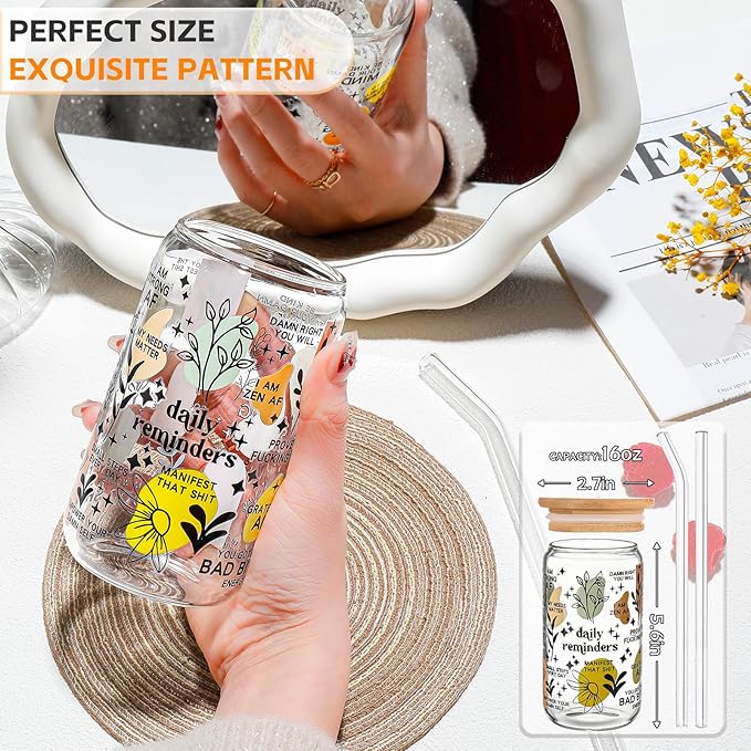DWTS DANWEITESI Glass Cups with Lids and Straws with Design 4 pcs（Daily Reminder）,Clear Glass Cups 16 oz-Glass Tumbler,Cute Design Glass Iced Coffee Cups Mental Health Positive