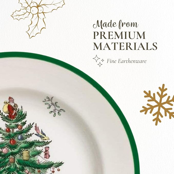 Spode Christmas Tree 5-Piece Place Setting - Festive Earthenware Tableware with Plates, Teacups, Saucers - Microwave, Dishwasher Safe - Christmas Dinnerware & Holiday Tableware