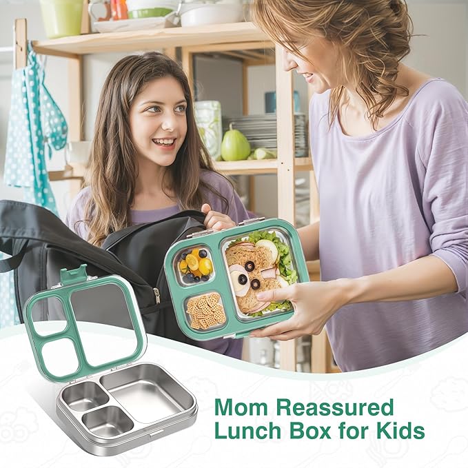 HOMEKOL Stainless Steel Bento Lunch Box, 3-Compartment Leak-Proof Lunch Container for Kids & Adults, BPA/BPS-Free 304 Metal Food Box, Dishwasher Safe, Clear Tritan Lid, Green (Not Insulated)