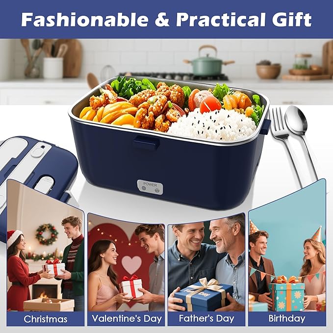 COZYEXPERT 100W Electric Lunch Box Food Heated 12V 24V 110V Fast Food Warmer Heater for Car/Truck/Home Portable Food Heating Boxes with 1.8L 304 SS Container 0.45L Compartment(Royal Blue+White)