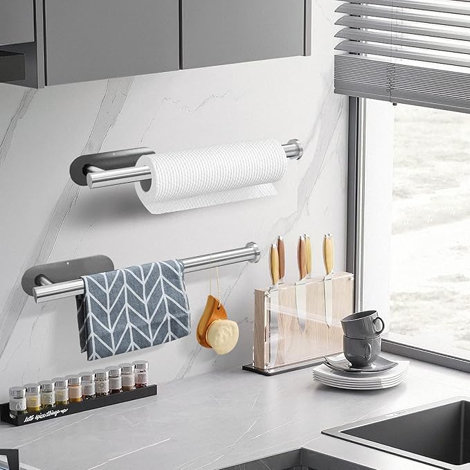 DEKAVA Paper Towel Holder Under Cabinet for Kitchen, Adhesive Paper Towel Holder Wall Mount, SUS304 Stainless Steel 13 inch(2,Silver