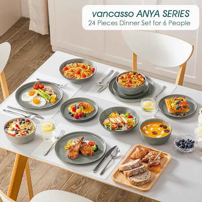 vancasso ANYA 24 Pieces Plates and Bowls Set, Stone Grey Dinnerware Sets, Reactive Glaze Dishes Set for 6, Ceramic Dishware Sets Kitchen Dinner Set, Microwave & Dishwasher Safe
