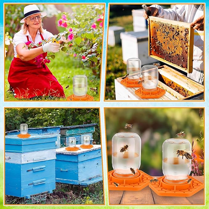 4 Pack Bee Feeder for Mason Jar Bee Watering Station Garden Silicone Sugar Water Feeder Beekeeping Drinking Equipment Tools with Mason Jars for Drinking Water(Orange,Hexagon)
