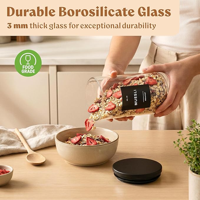 EDELHAUS Glass Storage Containers with Black Lids [4x40oz] Extra Thick Glas with 54 Labels - Canister For Pantry Noodles Flour Cereal Rice Sugar Tea Coffee Beans - Round Set