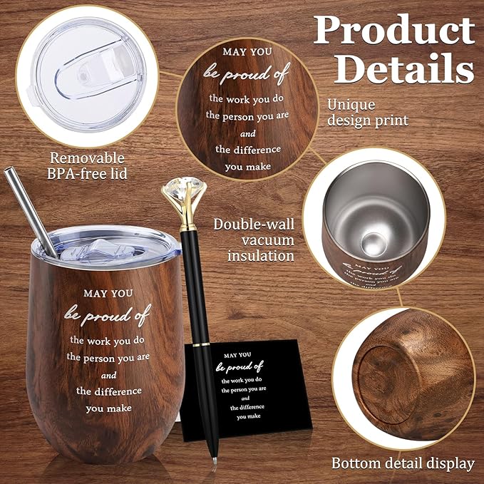 Patelai 30 Pcs Thank You Gift Set for Colleague 12oz Stainless Steel Coffee Mug Wood Grain Cups with Lid and Straw Pens Card Bags Set for Coworker Fathers Day Husband Male Friends Staff