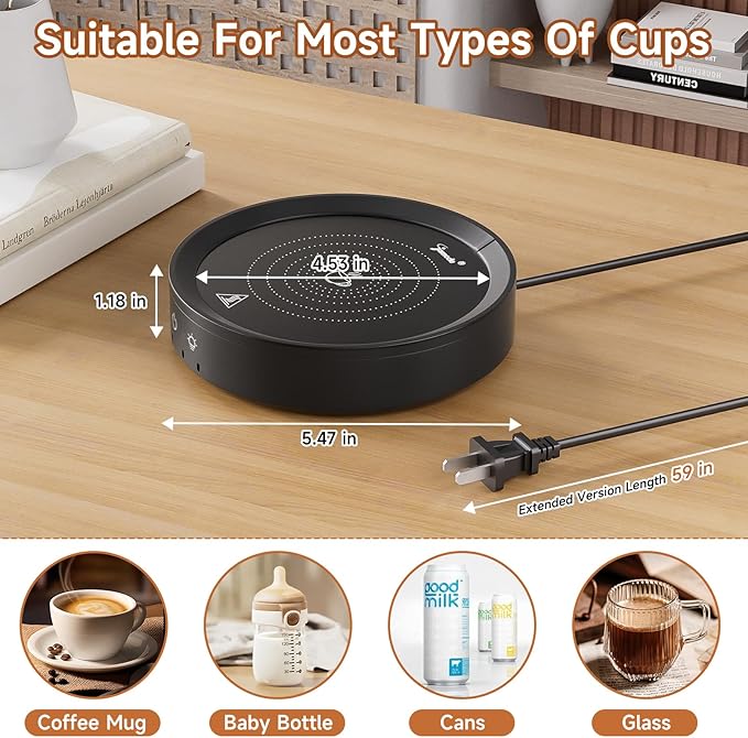 36W Mug Warmer, 3 Temperature Settings, Auto Shut Off (2-12H), Max 176°F, Wood Grain Design with Ambient Light,Ideal Gift for Home & Office (Black)