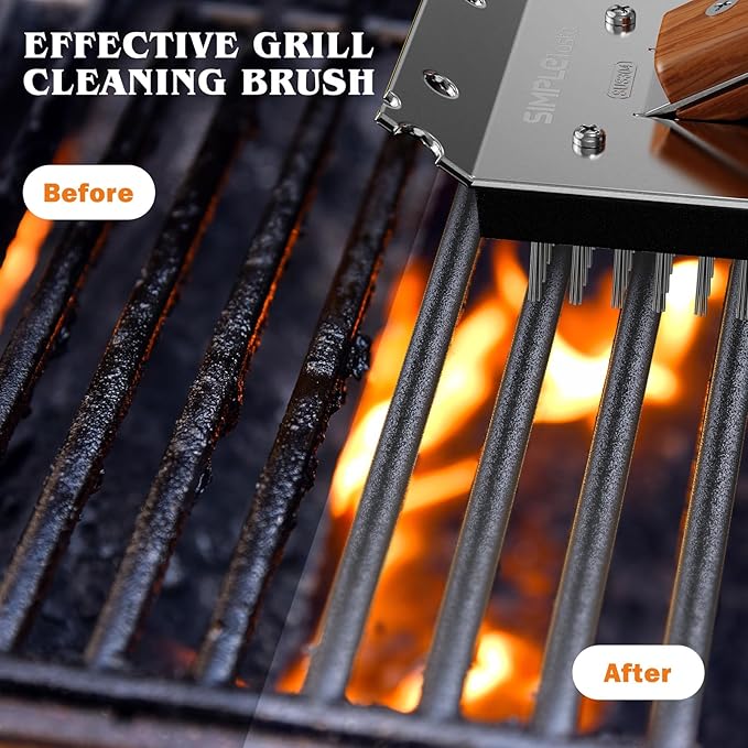 SIMPLETASTE Grill Brush and Scraper, Cherry Wooden Handle Wire Grill Brush for Grill Grate Cleaner Plus Stainless Steel Bristles Head for Replacement, Durable & Effective BBQ Tool [Upgraded]